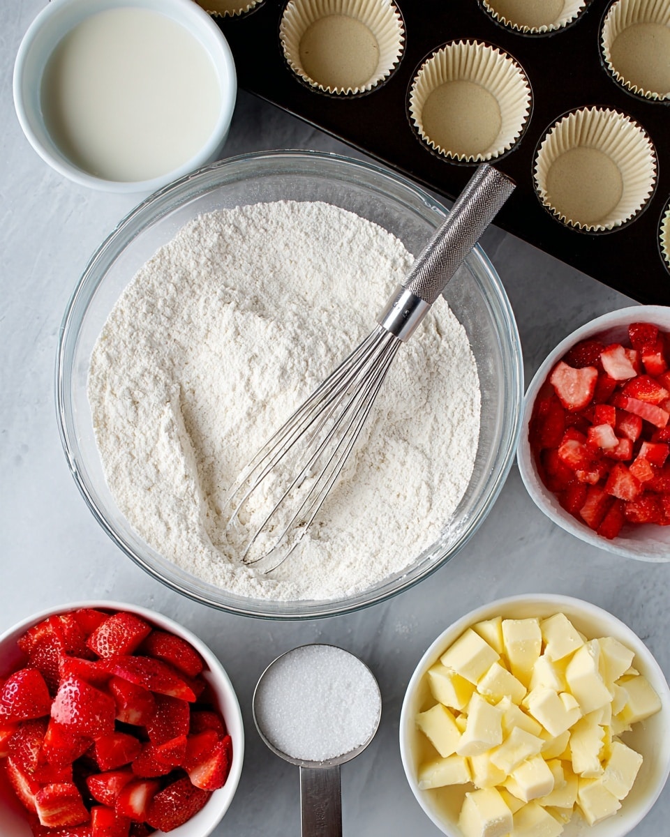 The image shows a clear glass bowl filled with white flour, with a metal whisk inside, placed on a white marbled surface. Around it, there is a white bowl with chopped red strawberries on the right, a white bowl with yellow butter chunks on the left, and a metal measuring cup filled with white sugar near the center bottom. Next to the strawberry bowl is a small white bowl of milk. In the top background, there is a white muffin tray with beige paper liners. Photo taken with an iphone --ar 4:5 --v 7