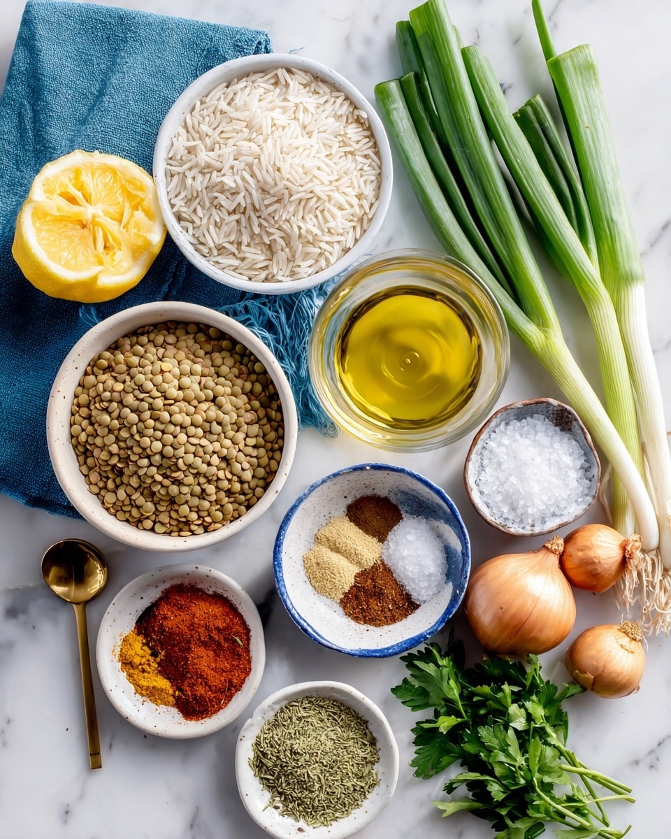 A white bowl filled with small dried lentils that are light brown and green sits on a white marbled surface next to another white bowl filled with long white basmati rice grains; near the bowls lies a lemon half with yellow flesh on a blue cloth. Three fresh scallions with white bulbs and long green leaves are placed above a round head of garlic with white papery skin. Three round brown onions rest beside a small blue and white bowl containing a pale yellow liquid labeled vinegar. A gold measuring spoon holds white sugar crystals nearby. A small clear glass bowl with olive oil shines golden, surrounded by fresh green parsley and cilantro leaves. In front, a small white bowl contains bright powdered spices in layers of red paprika, orange turmeric, beige coriander, brown cinnamon, light brown cumin, and dark red pepper flakes, neatly arranged side by side. Photo taken with an iphone --ar 4:5 --v 7