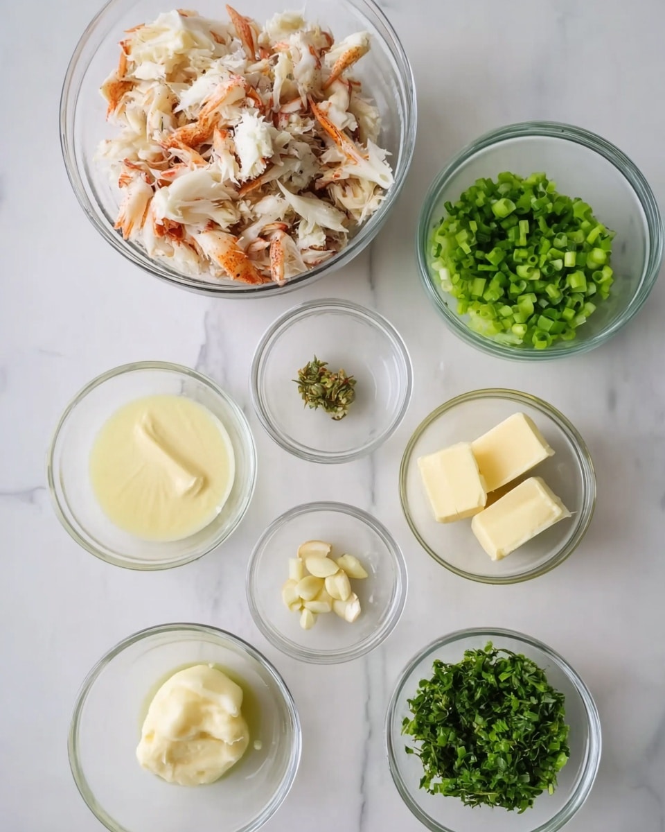 There are six clear glass bowls arranged on a white marbled surface. The largest bowl at the top contains shredded crab meat with a mix of white and orange colors. To the right of it is a smaller bowl filled with finely chopped green onions, bright green in color. Below the crab bowl, there are four smaller bowls arranged in two rows: one with melted butter that is pale yellow, another with a light cream-colored mayonnaise, one with light yellow butter slices, and the last with finely chopped green herbs that are a vibrant green. At the bottom center, there is a tiny bowl with minced garlic that is pale yellow. Photo taken with an iphone --ar 4:5 --v 7