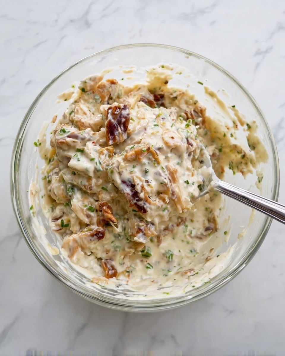 A clear glass bowl sits on a white marbled surface filled with a creamy, chunky mixture. The dish has uneven layers made of white, soft sauce mixed with bits of browned, juicy pieces and small green herbs sprinkled throughout. A shiny silver spoon is stuck into the mixture on the right side of the bowl. The sauce looks thick and lightly textured with uneven bits inside. photo taken with an iphone --ar 4:5 --v 7