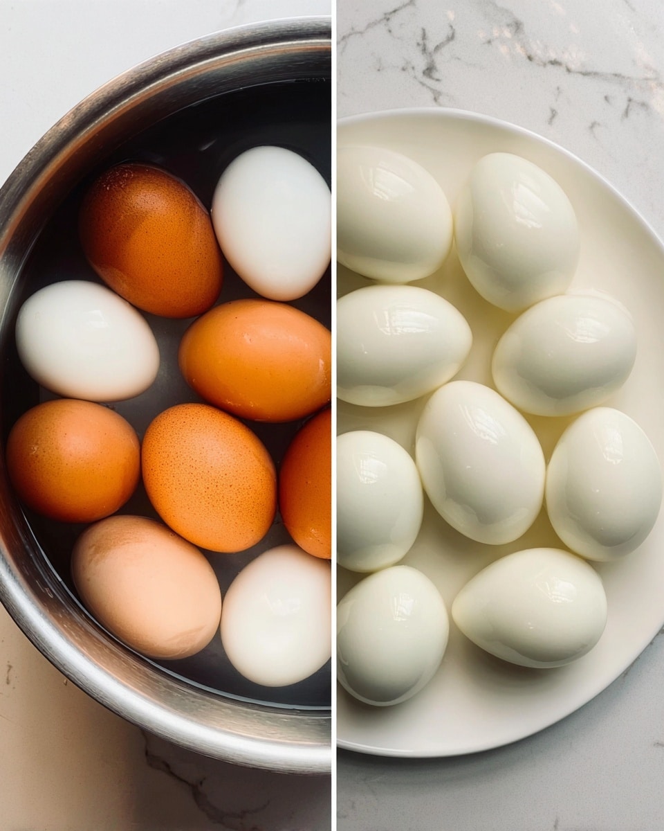 The image shows two side-by-side views of eggs. On the left, eight eggs with mixed brown and white shells are in a stainless steel pot filled with water. On the right, nine glossy peeled boiled eggs are placed closely together on a white plate on a white marbled surface. The eggs have a smooth and shiny white texture, arranged in a rough circle covering most of the plate. Photo taken with an iphone --ar 4:5 --v 7