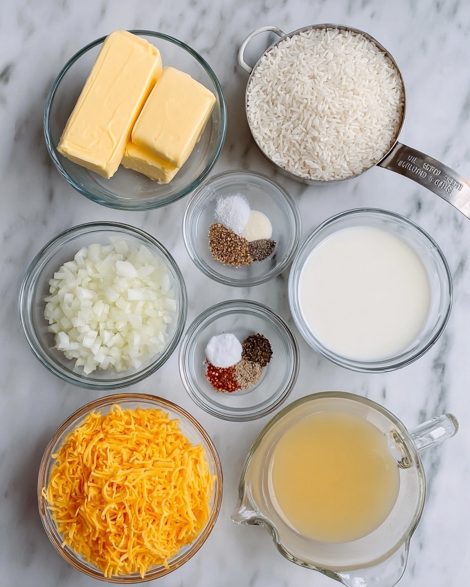 The image shows seven glass containers placed on a white marbled surface, each filled with different cooking ingredients. The top left container has three thick yellow butter sticks. Next to it on the right is a metal measuring cup filled with uncooked white rice. In the top right corner, there is a glass bowl filled with white milk. Below the butter, there is a glass bowl containing chopped white onions. To the right of the onions is a small glass bowl with three seasonings: white salt, black pepper, and a reddish spice. Below the seasonings, there is a glass bowl filled with bright orange shredded cheese. On the bottom right is a clear glass measuring cup filled with light yellow chicken broth. The photo taken with an iphone --ar 4:5 --v 7
