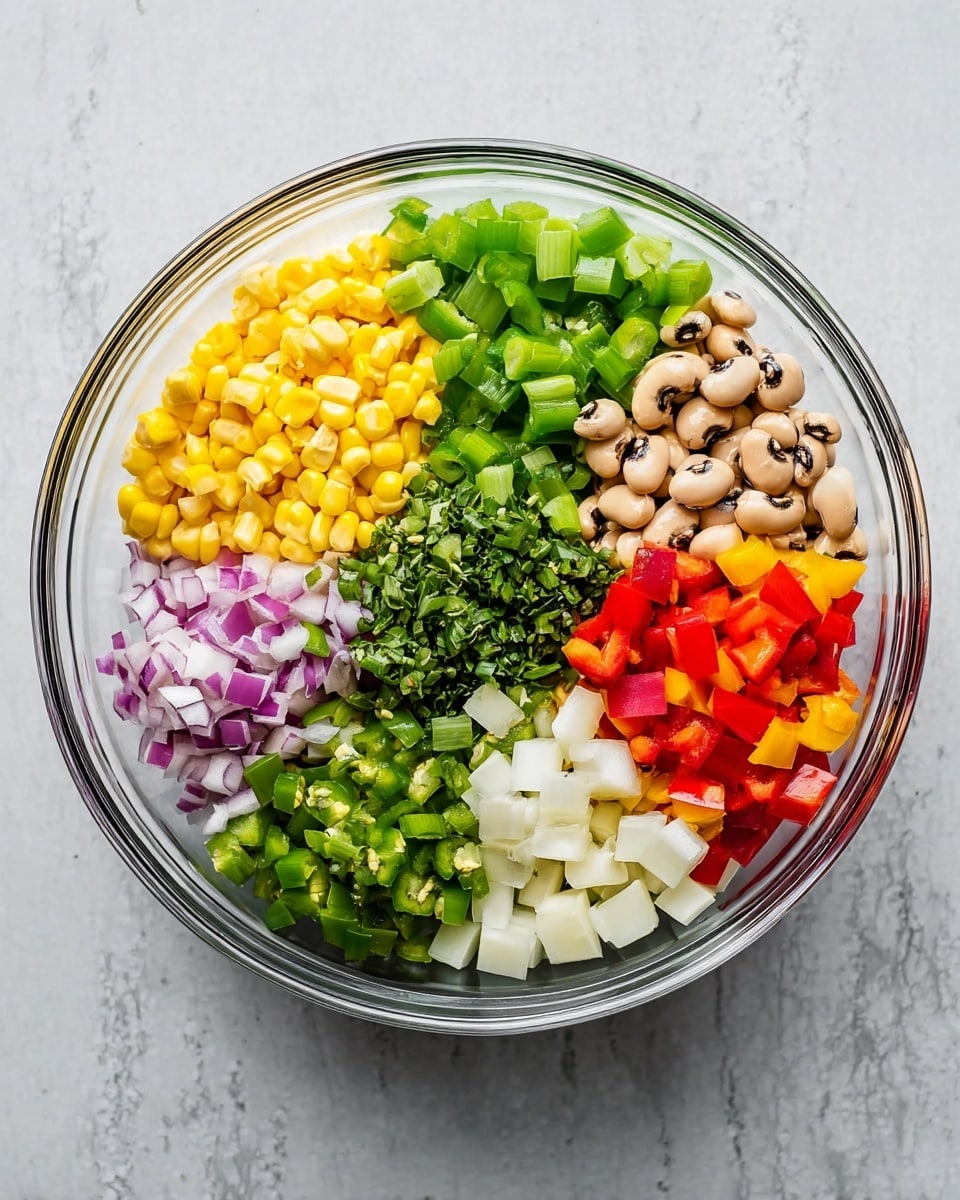 A clear glass bowl is filled with nine sections of colorful chopped ingredients arranged in a circle. Starting from the top, there is bright yellow corn with a plump texture, next to it fresh green bell pepper cubes, and then black-eyed peas with their beige color and dark spots. Below them are chopped light green spring onions and a pile of finely chopped green herbs. Moving left, there are small pieces of red onion with their purple and white colors, followed by dark green jalapeño cubes. Then come bright red bell pepper pieces, creamy white jicama cubes, and last, vibrant yellow bell pepper pieces. The bowl sits on a white marbled surface. photo taken with an iphone --ar 4:5 --v 7