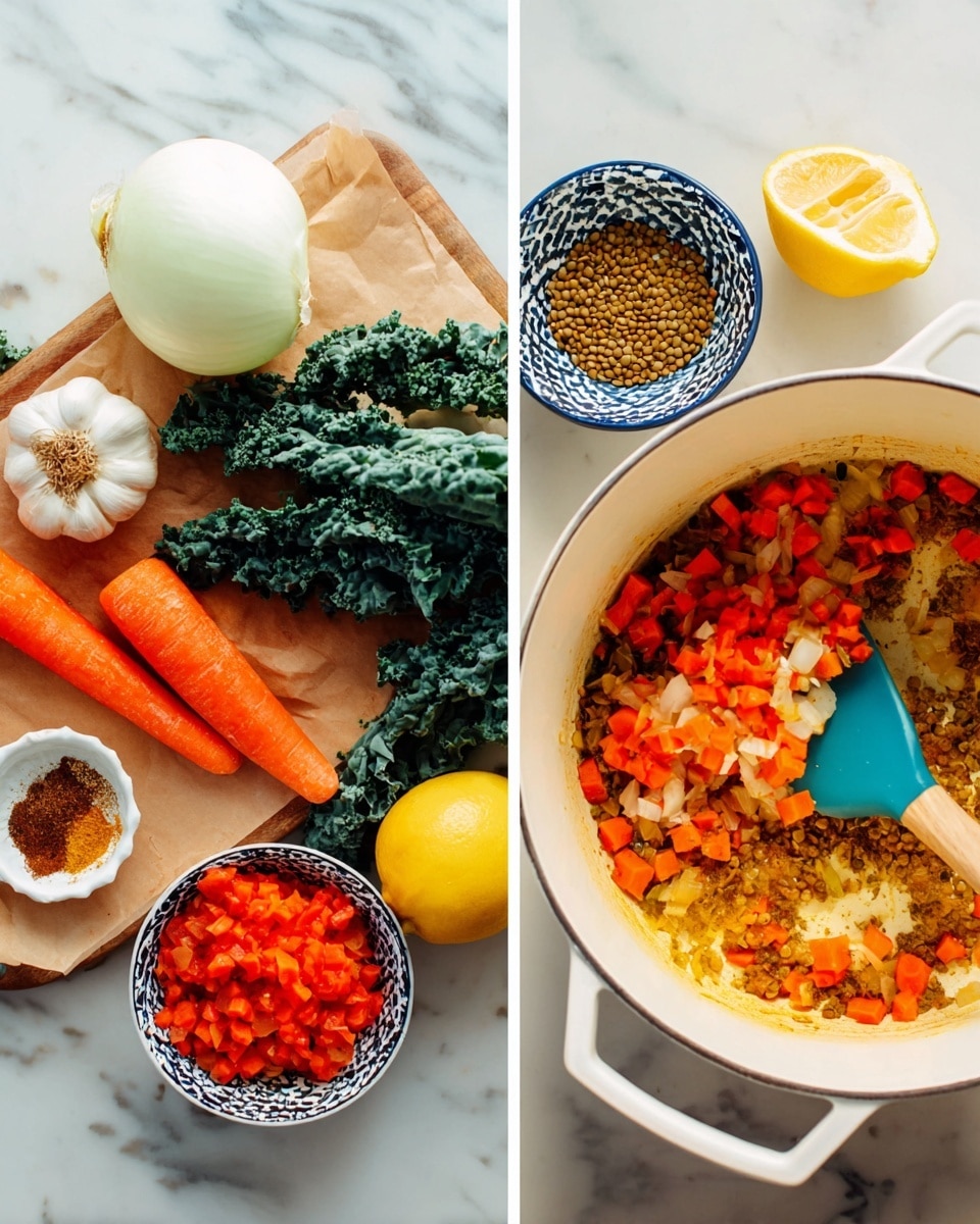 The image shows two side-by-side scenes: on the left, a wooden round board holds fresh ingredients arranged neatly, including dark green leafy kale leaves on the right, two whole orange carrots beneath them, a halved yellow lemon and half of a white onion on the left side, a small blue and white bowl with spices in the center, a cluster of whole garlic cloves on a white scalloped dish, and a bowl filled with bright red diced tomatoes at the bottom left, all placed on a white marbled surface; on the right, a white pot with sautéed diced orange carrots, onion, garlic, and brown spices being stirred with a blue spatula with a wooden handle, the colors blending softly as the ingredients cook on the white marbled surface. photo taken with an iphone --ar 4:5 --v 7