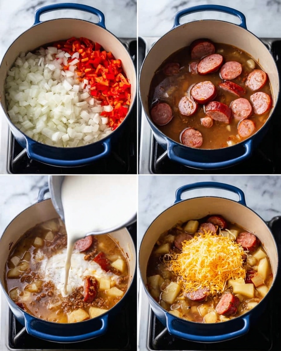 The image shows four steps of cooking a dish in a blue pot on a stove with a white marbled surface. In the first step, the pot contains chopped white onions and red peppers with a soft texture. In the second step, sliced reddish-brown sausage pieces sit on top of a simmering brown broth. In the third step, a white creamy liquid is being poured into the pot with sausages and chunks of pale potatoes. In the final step, the dish is thick and bubbling with a mound of shredded yellow cheese melting on top, surrounded by sausage slices and potato pieces. Photo taken with an iphone --ar 4:5 --v 7