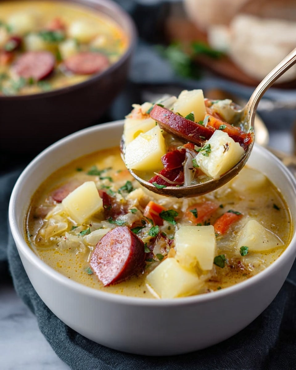The image shows a close-up of a white bowl filled with thick soup that has three main layers: the bottom layer is creamy and light yellow with a smooth texture, the middle layer contains large cubes of pale yellow potatoes, and the top layer has slices of dark reddish-brown sausage mixed with small bits of vegetables like carrots and onions. A ladle is lifting a spoonful of soup above the bowl, showing the chunky mix of potatoes and sausage, with fresh green herbs sprinkled on top. The bowl sits on a dark cloth on a white marbled surface, with another bowl blurred in the background. photo taken with an iphone --ar 4:5 --v 7