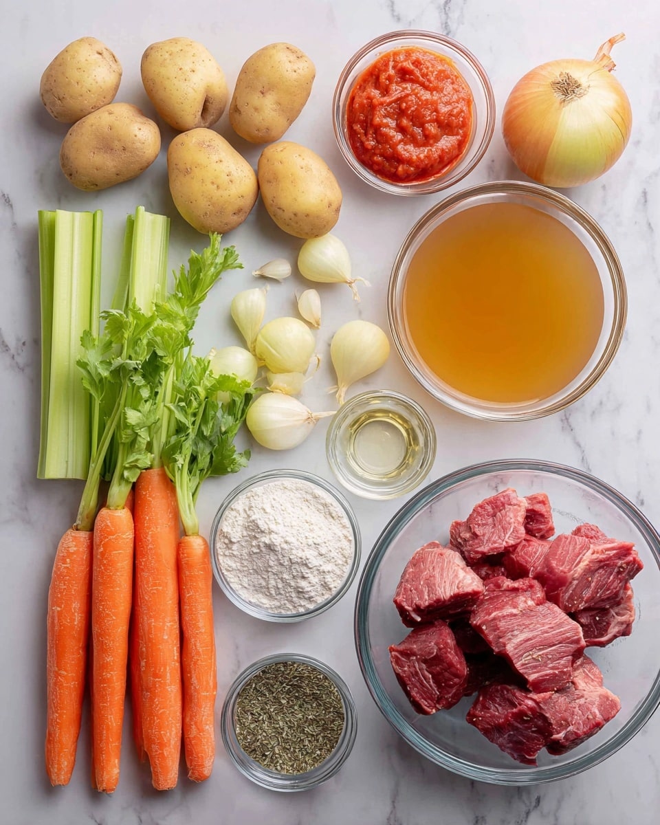 The image shows raw ingredients neatly arranged on a white marbled surface. From left to right, there are five light brown potatoes with a smooth texture, three stalks of green celery with leafy tops, and six bright orange carrots with a slightly rough skin placed next to them. Above the carrots, there are three peeled garlic cloves and one whole light yellow onion. In the top center is a small glass bowl filled with red tomato paste with a smooth texture. To the right of that is a medium glass bowl holding golden brown broth. Below the broth, a larger glass bowl contains several chunks of raw dark red meat with visible marbling. Smaller glass bowls hold white flour and mixed dried herbs, alongside a small bottle of light yellow olive oil and a bowl with salt and black pepper. The ingredients are placed cleanly, showing a fresh and organized setup. photo taken with an iphone --ar 4:5 --v 7