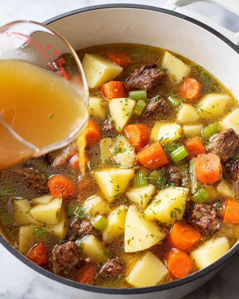 A close-up view of a white round pot filled with a stew-like dish, showing layers that include chunky light yellow potato pieces scattered throughout, bright orange carrot slices evenly mixed in, and small green celery pieces adding color contrast. There are several dark brown, crispy meat chunks spread among the vegetables. A transparent broth with herbs floats around all ingredients, covering about half the pot depth. At the lower left corner, a clear glass measuring cup pours more golden broth into the pot. The pot is placed on a white marbled surface. photo taken with an iphone --ar 4:5 --v 7