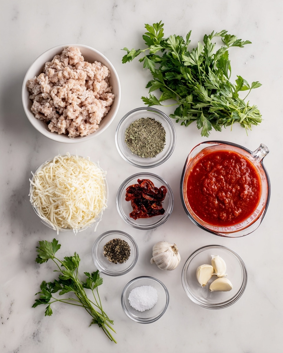 The image shows various ingredients for cooking arranged neatly on a white marbled surface. There is a white bowl on the left filled with raw ground chicken, next to a small clear bowl of salt, another clear bowl with dried oregano, and a larger clear bowl with shredded parmesan cheese above them. In the center, a small clear bowl holds sundried tomatoes, flanked by another small clear bowl with black pepper and a few garlic cloves in a small clear bowl above. A bunch of fresh green parsley sits slightly to the right, and on the far right, a clear glass measuring cup is filled with red marinara sauce. All items are spaced evenly and labeled clearly. Photo taken with an iphone --ar 4:5 --v 7