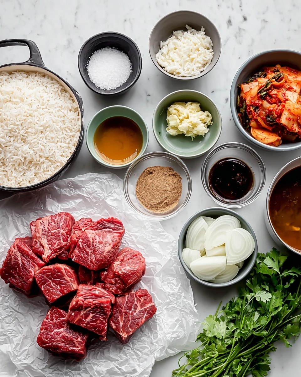 A white pan full of white cooked rice is placed on the left side on a white marbled texture. Next to it is a small black bowl filled with white coarse salt. Above that is a small gray bowl with finely chopped white garlic. Positioned diagonally to the right, there is a gray bowl with reddish-orange kimchi containing greens. In the center, several raw red meat chunks with white fat are stacked on crumpled white parchment paper. To the right of the meat, a row of small bowls contains different ingredients: a green bowl with dark red sauce, a white bowl with light yellow liquid, a blue-gray bowl with pale yellow grated ginger, a clear glass bowl filled with brown broth, and a black bowl with brown sugar. On the far right, a gray bowl holds thinly sliced white onions, and a bunch of fresh green cilantro leaves lay next to it. Photo taken with an iphone --ar 4:5 --v 7