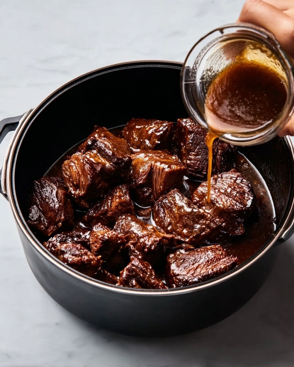 A black round pot filled with several dark brown cooked meat pieces in thick brown sauce. The meat has a rich, slightly shiny surface with visible textures showing it is tender and juicy. A woman's hand is pouring more sauce from a clear glass container into the pot, positioned at the bottom right of the image. The pot sits on a white marbled surface, and the lighting highlights the deep colors of the meat and sauce. photo taken with an iphone --ar 4:5 --v 7