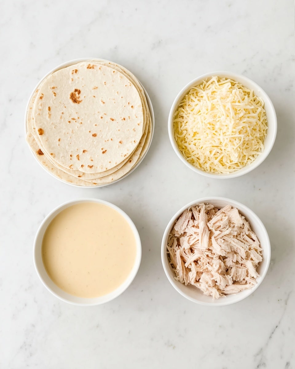 The image shows four white bowls and plates arranged on a white marbled surface. In the top left, a white plate holds a stack of plain, light beige tortillas with small brown spots. To the right, a white bowl is filled with shredded pale yellow cheese. Below the plate, a white bowl contains a smooth, light yellow creamy sauce. To the right of the sauce, another white bowl holds shredded light-colored chicken. The bowls and plate are evenly spaced, creating a neat and clean presentation. photo taken with an iphone --ar 4:5 --v 7