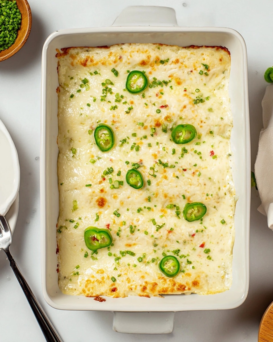 The image shows a white rectangular baking dish filled with a creamy baked dish in five long layers, each covered by a smooth, slightly bubbly white cheese topping dotted with tiny green herbs and small red bits. The top has scattered finely chopped green chives for decoration, along with three clusters of sliced green jalapeños placed on the top left, bottom left, and bottom right corners of the dish. The dish sits on a white marbled surface, with part of a white plate with a fork on the left edge and a small wooden bowl partially visible on the right side. photo taken with an iphone --ar 4:5 --v 7