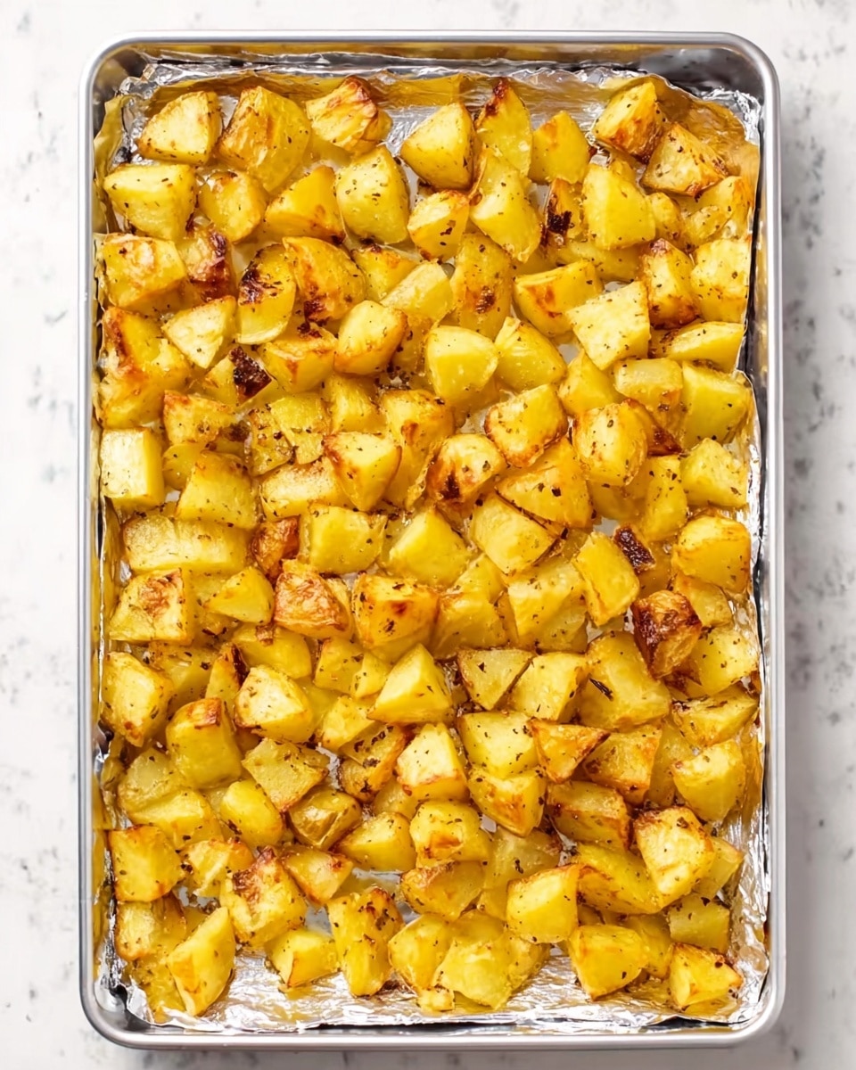 A rectangular silver baking tray lined with shiny foil is filled with many small roasted potato pieces. The potatoes are golden yellow with some darker brown crispy spots, showing they are well cooked. The potato chunks are uneven in size but spread out evenly and cover the entire tray. The tray is placed on a white marbled surface with bright natural light shining from the top left, casting soft shadows. photo taken with an iphone --ar 4:5 --v 7