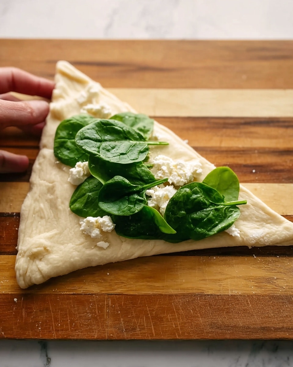A triangular piece of dough rests on a wooden board with light and dark stripes. On the wider part of the dough, there is a small pile of white, crumbly cheese topped with fresh, medium green spinach leaves with visible veins. The spinach looks fresh and slightly glossy. A woman's hand is gently holding the edge of the dough near the top left corner. The background is a white marbled texture. photo taken with an iphone --ar 4:5 --v 7