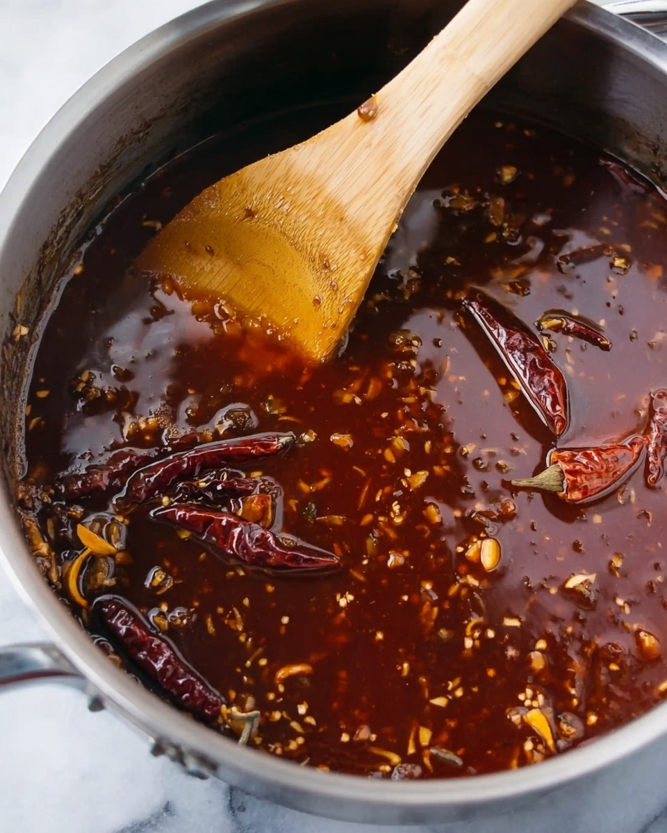 A close-up photo of a metal pot filled with dark red sauce mixed with small bits of garlic and herbs. Floating on top are whole dried red chili peppers and pieces of orange peel. A wooden spatula is stirring the sauce, its light color contrasting with the rich sauce. The pot is placed on a white marbled surface. photo taken with an iphone --ar 4:5 --v 7
