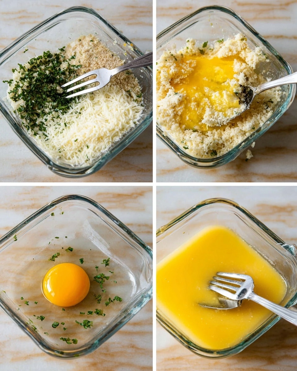 The image shows a four-part collage of glass dishes on a white marbled surface, each with different ingredients being prepared. The top left glass dish holds a mix of creamy white grated cheese, green chopped herbs, beige breadcrumbs, and a sprinkle of black pepper, with a silver fork resting on the rim. The top right dish displays the same cheese mixture now stirred and topped with a shiny yellow layer of melted butter being poured from a ladle. The bottom left dish contains a bright yellow egg yolk with a silver fork held next to it. The bottom right dish shows the egg yolk beaten into a smooth, yellow egg wash with the fork partially immersed in it. Photo taken with an iphone --ar 4:5 --v 7