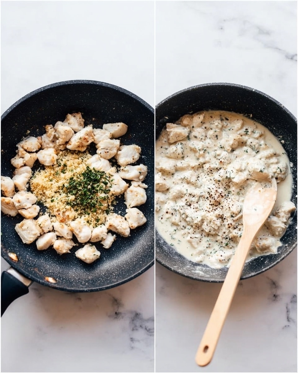 The image shows two black pans on a white marbled surface. The left pan holds small white chicken pieces with light beige minced garlic and green herbs placed in the center, ready to be mixed. The right pan contains a creamy white sauce with small chicken pieces mixed in, sprinkled with black pepper, and a light beige wooden fork stirring the sauce in the pan. Photo taken with an iphone --ar 4:5 --v 7