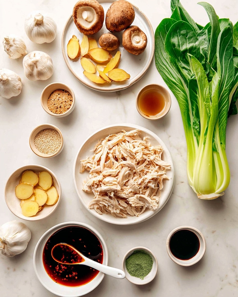 The image shows several white bowls and plates arranged on a white marbled surface, each containing different ingredients. At the center bottom, there is a white plate filled with shredded light beige chicken. Above it to the right, four fresh green onions lay side by side next to a bunch of dark green leafy bok choy. To the left of the green onions, there are three whole brownish mushrooms. Above the shredded chicken plate to the left, a small white plate holds sliced yellow and brown ginger and three white garlic cloves. Surrounding these are small white bowls with different sauces and spices: a dark soy sauce, a golden brown sauce, a small bowl of light sesame seeds, a small dish with a green powder, and a white bowl filled with dark red chili oil with a white spoon resting inside. The whole arrangement is neat and bright. Photo taken with an iphone --ar 4:5 --v 7