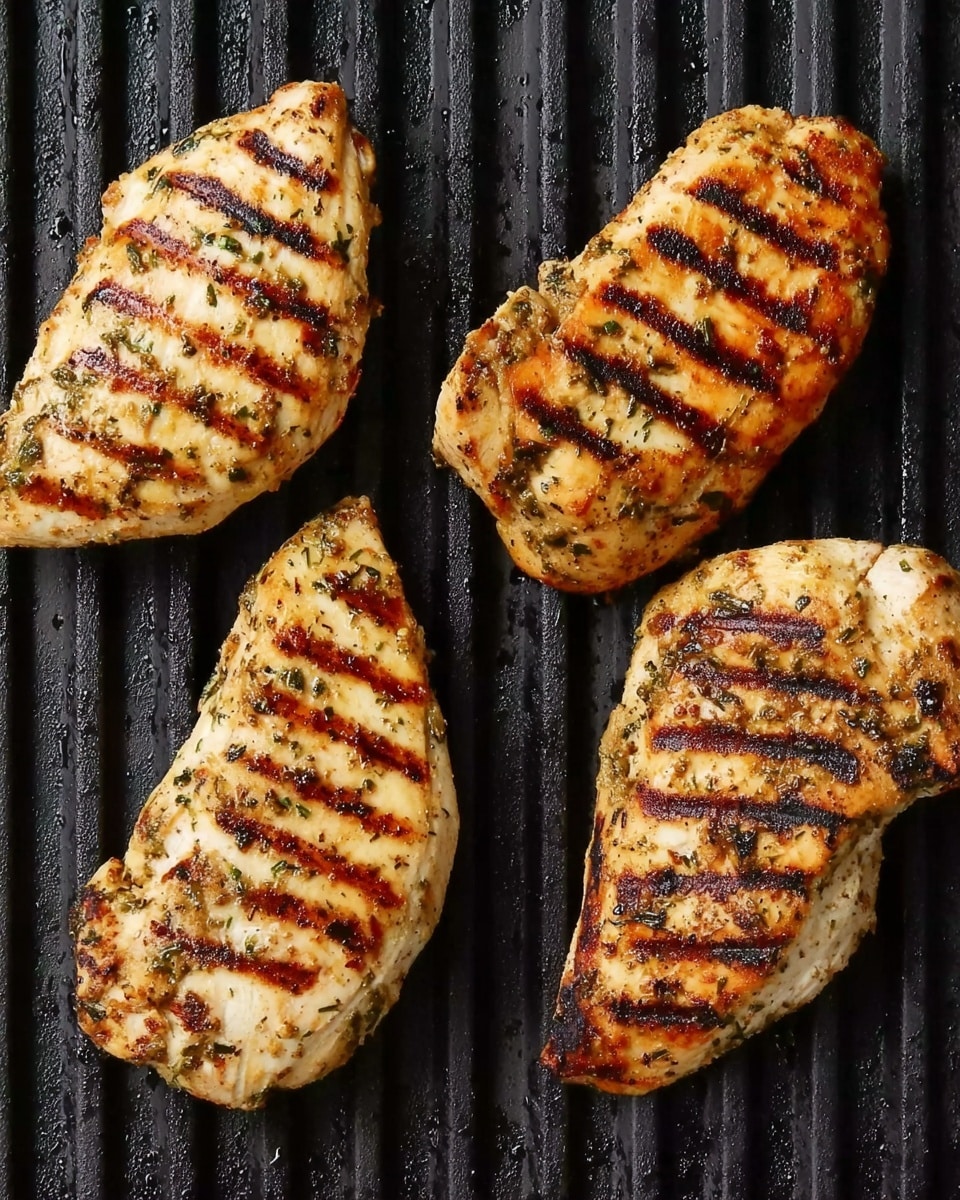 Four pieces of grilled chicken with clear, dark grill marks on a clean black grill. Each piece is light golden with specks of herbs and spices visible on the surface. The chicken has a slightly rough texture from grilling, and the pieces are spaced evenly, showing the contrast between the chicken and the grill bars. The background is a white marbled texture. photo taken with an iphone --ar 4:5 --v 7