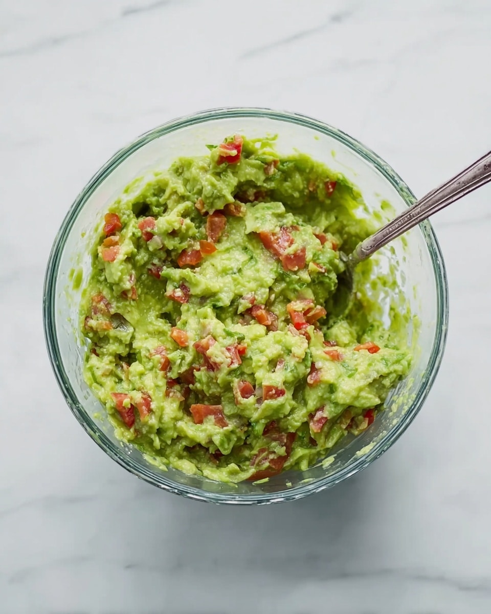 A clear glass bowl filled with a thick, chunky green mixture of mashed avocado with small pieces of red tomatoes mixed evenly throughout. A silver spoon rests in the bowl, slightly submerged in the mixture. The bowl is placed on a white marbled surface with soft natural light shining from above. The green and red colors contrast well in the transparent bowl, creating a fresh and appetizing look photo taken with an iphone --ar 4:5 --v 7