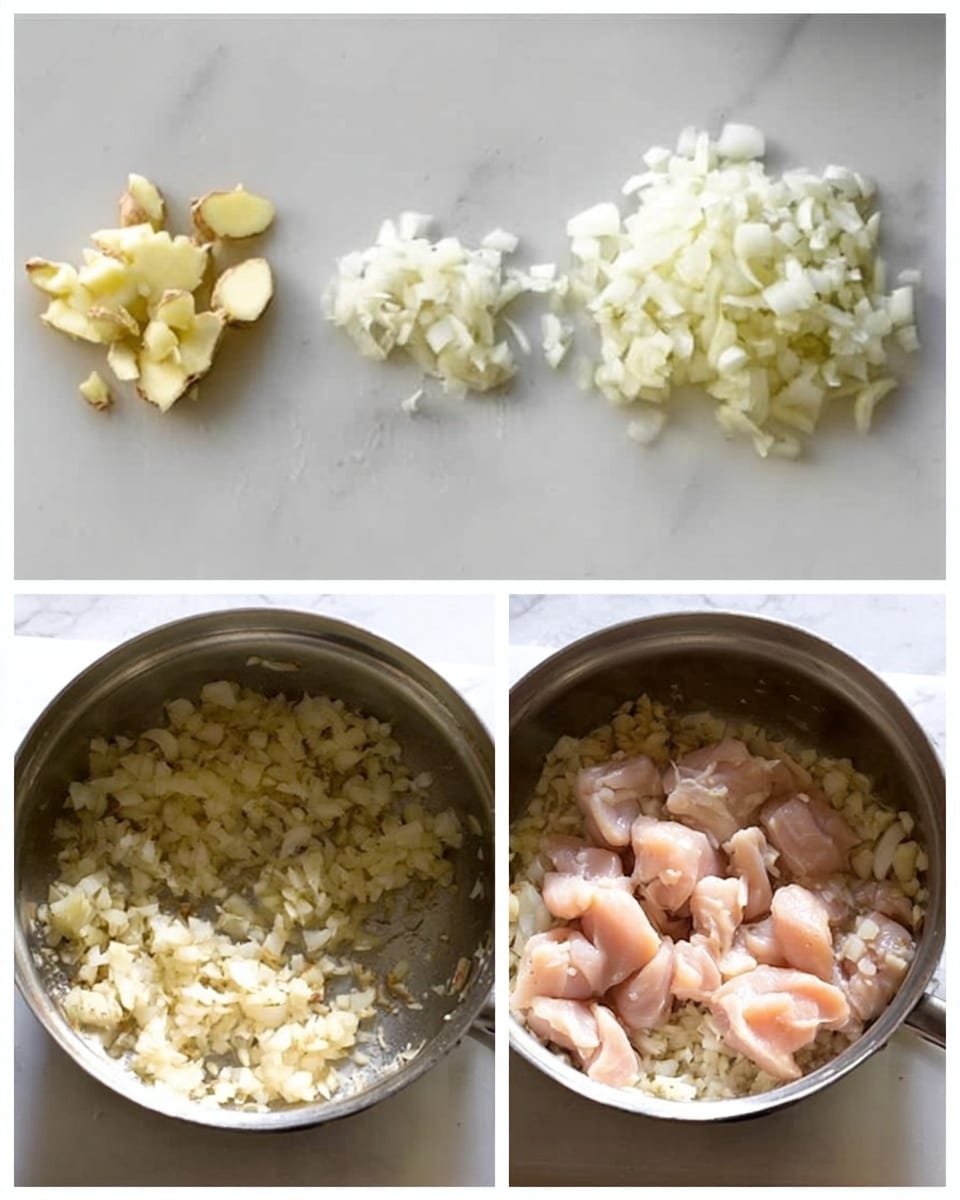 The image shows a step-by-step cooking process on a white marbled surface. The first part has three small piles of chopped ingredients arranged on a white board: chopped ginger, minced garlic, and chopped white onion. The second part shows a close-up of a metal pot with the sautéed onions and garlic inside, both turning slightly soft and translucent. The third part shows raw cut chicken pieces placed on top of the sautéed onion and garlic mixture inside the same metal pot, with the chicken pieces mostly light pink and resting evenly across the surface. Photo taken with an iphone --ar 4:5 --v 7