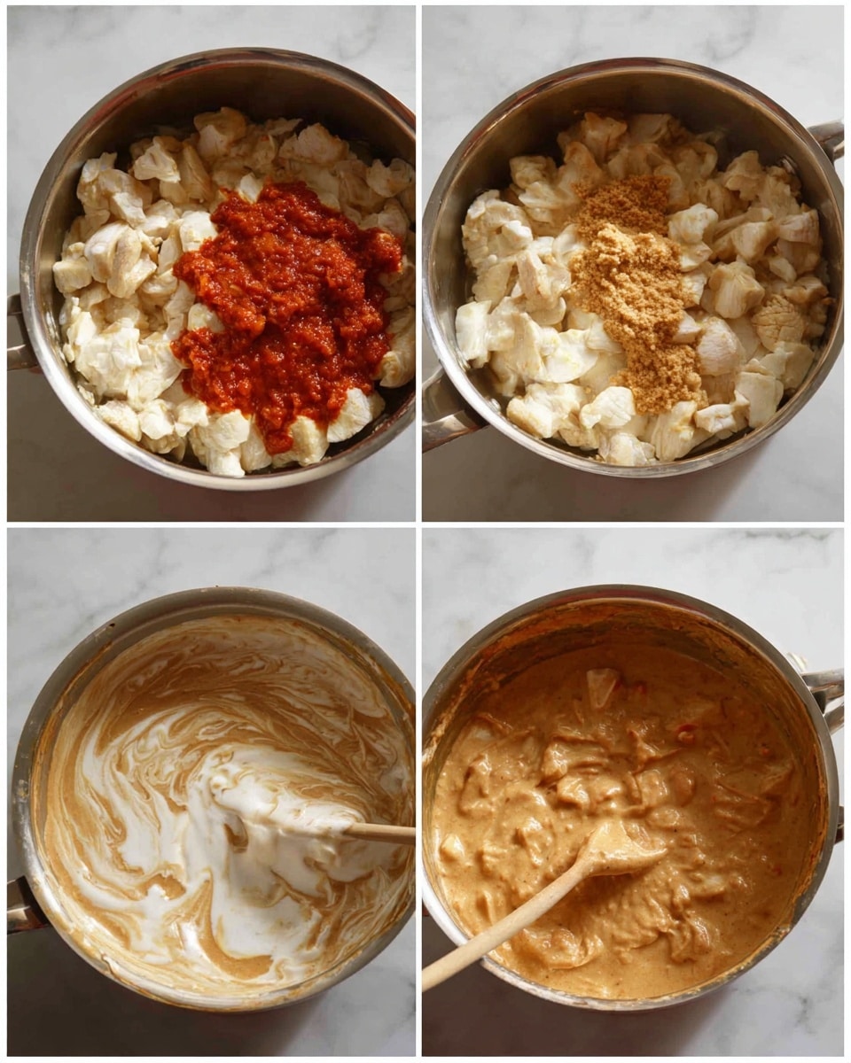 The first image shows a metal pot filled with small white chunks of cooked chicken topped with a bright red sauce and a small dollop of light brown paste. The second image shows the pot with a creamy white sauce poured over the chicken, partially mixed with the wooden spoon stirring it, creating a swirled texture of white and light brown. The third image shows the pot with the chicken fully mixed into a thick, light brown creamy sauce with visible small chunks, giving it a smooth and hearty look. The pot sits on a white marbled surface. Photo taken with an iphone --ar 4:5 --v 7