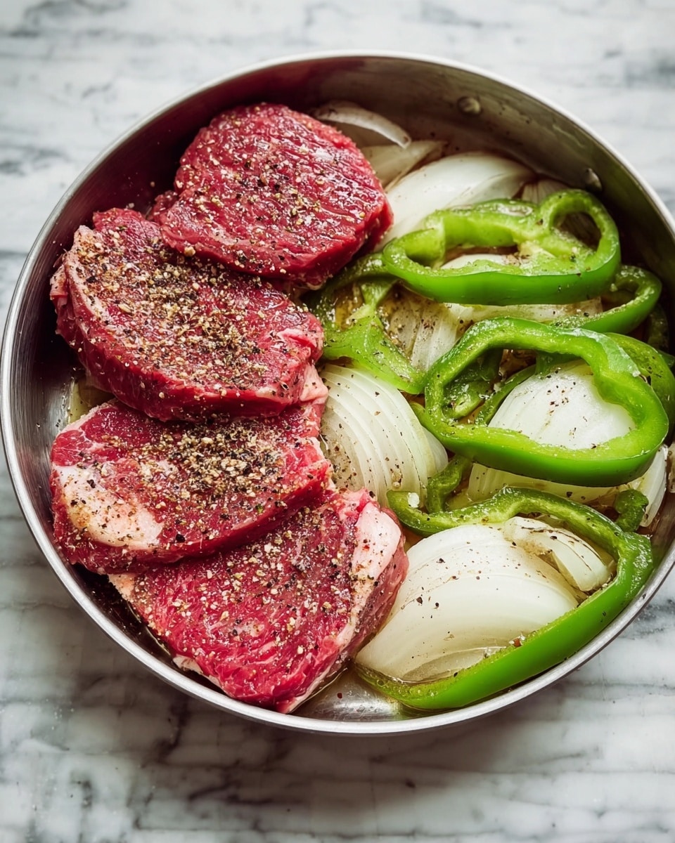 A round metal pan contains four thick slices of raw red meat with white fat streaks, seasoned with black and red spices, placed on the left side. On the right side, there are sliced green bell peppers and white onions, both sprinkled lightly with black pepper. The metal pan rests on a white marbled surface. photo taken with an iphone --ar 4:5 --v 7
