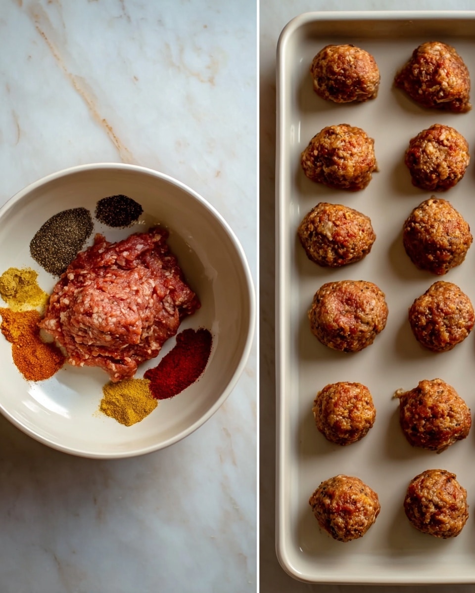 The first image shows a white bowl with raw ground meat placed at the center, topped with various spices in piles around it, including yellow, red, and black powders, all resting on a white marbled surface. The second image displays the same white bowl now with the meat and spices mixed together into an uneven, reddish-brown dough-like mixture inside the bowl, also on the white marbled surface. The third image features a white baking tray on the white marbled surface, filled with 16 evenly spaced, round, uncooked meatballs with a rough texture and a mix of light brown and orange tones. photo taken with an iphone --ar 4:5 --v 7