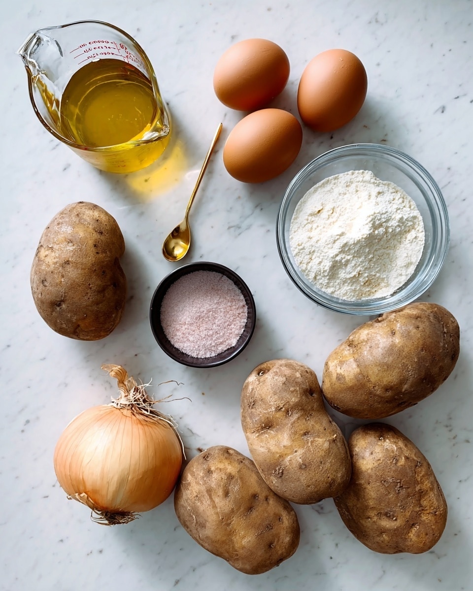The image shows six russet potatoes with rough brown skin laid out on a white marbled surface. Above the potatoes are four brown eggs grouped closely together. To the right of the eggs is a small clear glass bowl filled with white potato starch powder. Near the center, there is a small dark bowl with pink salt and a tiny golden spoon inside it. To the left of the salt bowl is a single yellow onion with its papery skin and root end still attached. At the top left corner, there is a clear glass measuring cup filled with golden cooking oil. The ingredients are all spaced naturally on the white marbled surface, with soft natural light and slight shadows. Photo taken with an iphone --ar 4:5 --v 7