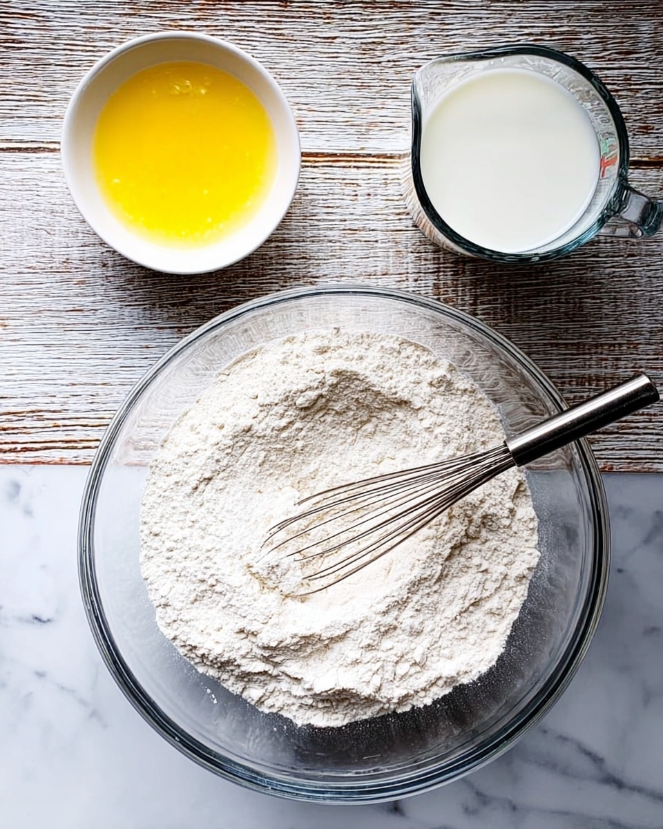 A clear glass bowl filled with white flour is in the center, with a silver whisk resting inside it. Above the bowl, there is a small white bowl containing yellow melted butter on the left and a clear measuring cup with white milk on the right. The scene is set on a white marbled textured surface that looks clean and smooth, with visible natural patterns in the background. photo taken with an iphone --ar 4:5 --v 7