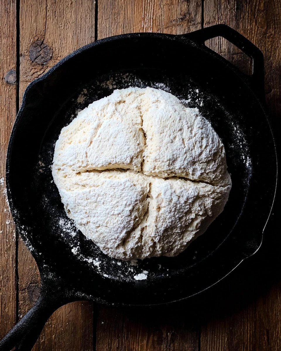 A round white dough ball with a slightly rough texture sits in the center of a black cast iron pan. The dough is dusted with a light layer of flour, and a deep cross cut marks its top surface, creating four uneven sections. The pan shows some scattered flour around the dough, and the background is a rustic wooden table with visible wood grain and knots. photo taken with an iphone --ar 4:5 --v 7