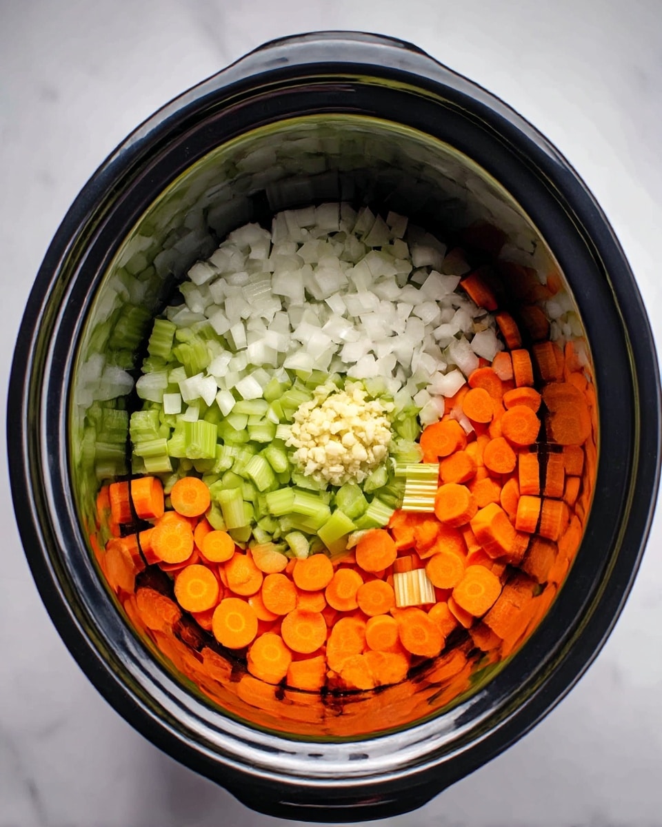 Inside a shiny black slow cooker, there are four layers of chopped vegetables. The bottom layer has bright orange carrot coins spread around the edges. Above that are small chunks of white onion covering most of the middle area. Next, light green celery pieces are arranged around the lower half of the cooker. Finally, a small pile of minced pale yellow garlic sits near the center, on top of the celery and onion. The slow cooker sits on a white marbled surface. photo taken with an iphone --ar 4:5 --v 7