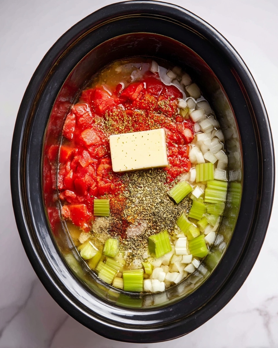 A black oval slow cooker filled with layers of cooking ingredients sits on a white marbled surface. Inside, there are roughly three main layers: bright green celery pieces scattered at the bottom right and upper right, small white diced onions distributed evenly around the cooker, and bright red chopped tomatoes on the left side. In the middle, there is a rectangular pale yellow butter piece floating on top, surrounded by a strip of mixed dried herbs and spices in earthy brown and green colors. The liquid surrounding all ingredients is clear and slightly yellowish, filling the cooker to about halfway. Photo taken with an iphone --ar 4:5 --v 7