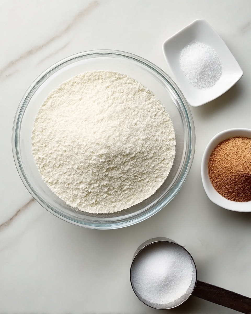 A clear glass bowl filled with a fine white powdery substance is placed on a white marbled surface. Around it, there are three small white dishes: one has white salt crystals, another holds a light brown powder, and the third is filled with granulated white sugar in a metal measuring cup. The arrangement is simple and neat, emphasizing the different dry ingredients used for baking or cooking, all set against the clean white marbled background. photo taken with an iphone --ar 4:5 --v 7