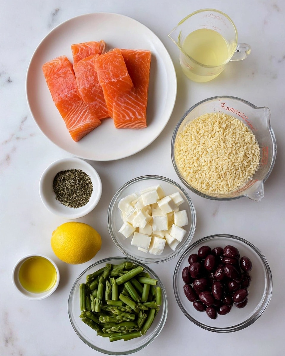 The image shows several white bowls and a white plate arranged on a white marbled surface. On the top left, a white plate holds four pieces of bright orange raw salmon with visible fat lines. To its right is a bowl filled with dry, pale yellow rice. Below the rice, there is a clear glass measuring cup with light yellow liquid. Beside it, a whole yellow lemon rests directly on the surface. Centered below the salmon plate, a clear round bowl holds chopped green asparagus pieces. To its right, a small white bowl contains small white cubes of cheese. Below the asparagus bowl, a small clear bowl has dark purple sliced olives. On the left side below the salmon, a small white bowl holds mixed green dried herbs and some coarse salt. A clear small bowl with golden olive oil is at the bottom left. Finally, a tiny clear bowl near the rice bowl contains minced garlic. The setup is neat and bright, clearly showing all ingredients used in the dish photo taken with an iphone --ar 4:5 --v 7