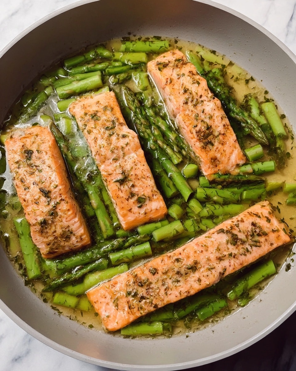 The image shows four pieces of cooked salmon, each light orange with a slightly browned and seasoned top, lying side by side in a pan. The salmon pieces rest on a bed of bright green asparagus stems that are cut into small segments, all surrounded by a thin layer of oily liquid with herbs floating on the surface. The pan is light gray and sits on a white marbled surface. photo taken with an iphone --ar 4:5 --v 7