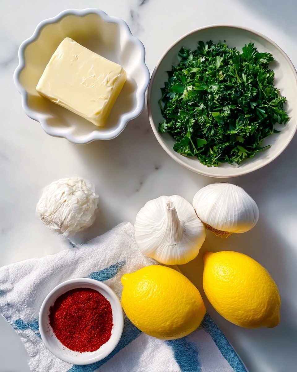 The image shows six fresh ingredients laid out on a white marbled surface. In the top left, a white scalloped bowl holds a pale yellow block of butter. To the right, a round bowl holds a heap of finely chopped green parsley. Below the parsley, two whole white garlic bulbs sit side by side. At the bottom right, two bright yellow lemons rest close together. On the bottom left, a small white bowl contains a red spice powder, sitting on top of a white cloth with blue stripes. The ingredients are neatly arranged with good lighting and soft shadows. Photo taken with an iphone --ar 4:5 --v 7