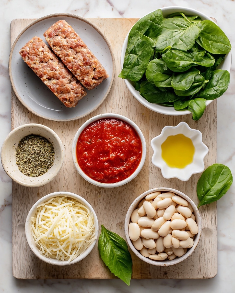 The image shows six different ingredients arranged neatly on a white marbled surface. Starting from the top left, there is a light gray plate holding two thick, rectangular blocks of Italian sausage, with a coarse textured surface and brownish-red color. To its right, there is a bowl filled with fresh green baby spinach leaves showing a glossy texture. Below that, a small white flower-shaped dish contains a bright yellow pool of olive oil with a smooth surface. At the center, a white bowl holds rich red marinara sauce with a thick, slightly chunky texture. Toward the bottom left, a small white bowl contains dried oregano, showing fine greenish-brown flakes with a rough texture. Beside it, on the far bottom left, there is a beige bowl filled with shredded mozzarella cheese, pale yellow with soft, curly strands. Finally, near the bottom right corner, a white bowl on a wooden cutting board is filled with smooth, oval white beans with a creamy appearance. A single fresh basil leaf lies near the beans on the board. photo taken with an iphone --ar 4:5 --v 7