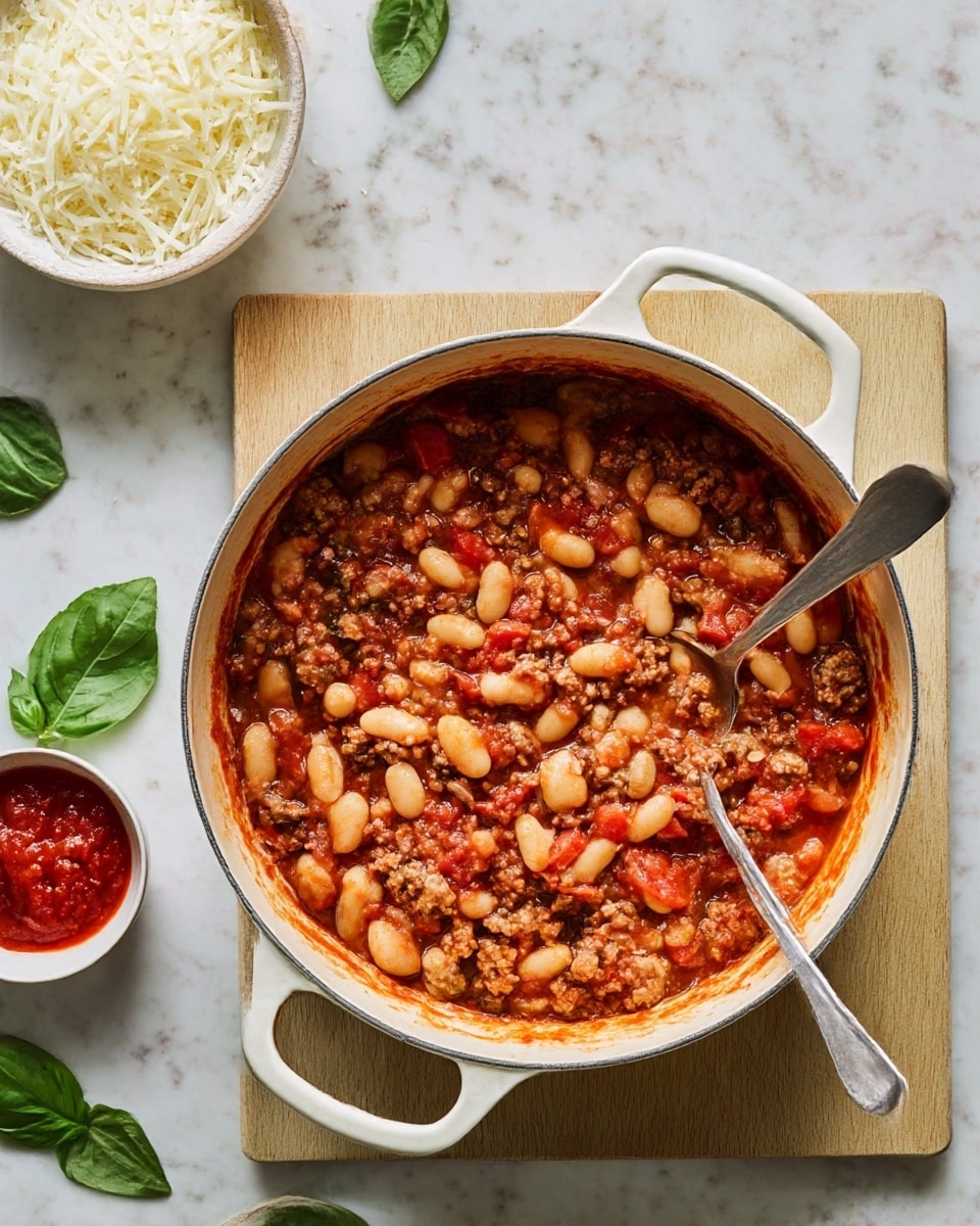 A white pot with two side handles holds a thick stew made of light beige white beans mixed with chunky brown ground meat and red tomato pieces, all coated in a rich red sauce. A metal spoon rests inside the pot, partially submerged in the stew. The pot sits on a light wooden cutting board placed on a white marbled surface. Nearby, there is a small white bowl filled with shredded white cheese and a small white bowl with red tomato sauce. A few green basil leaves are scattered around the scene. Photo taken with an iphone --ar 4:5 --v 7