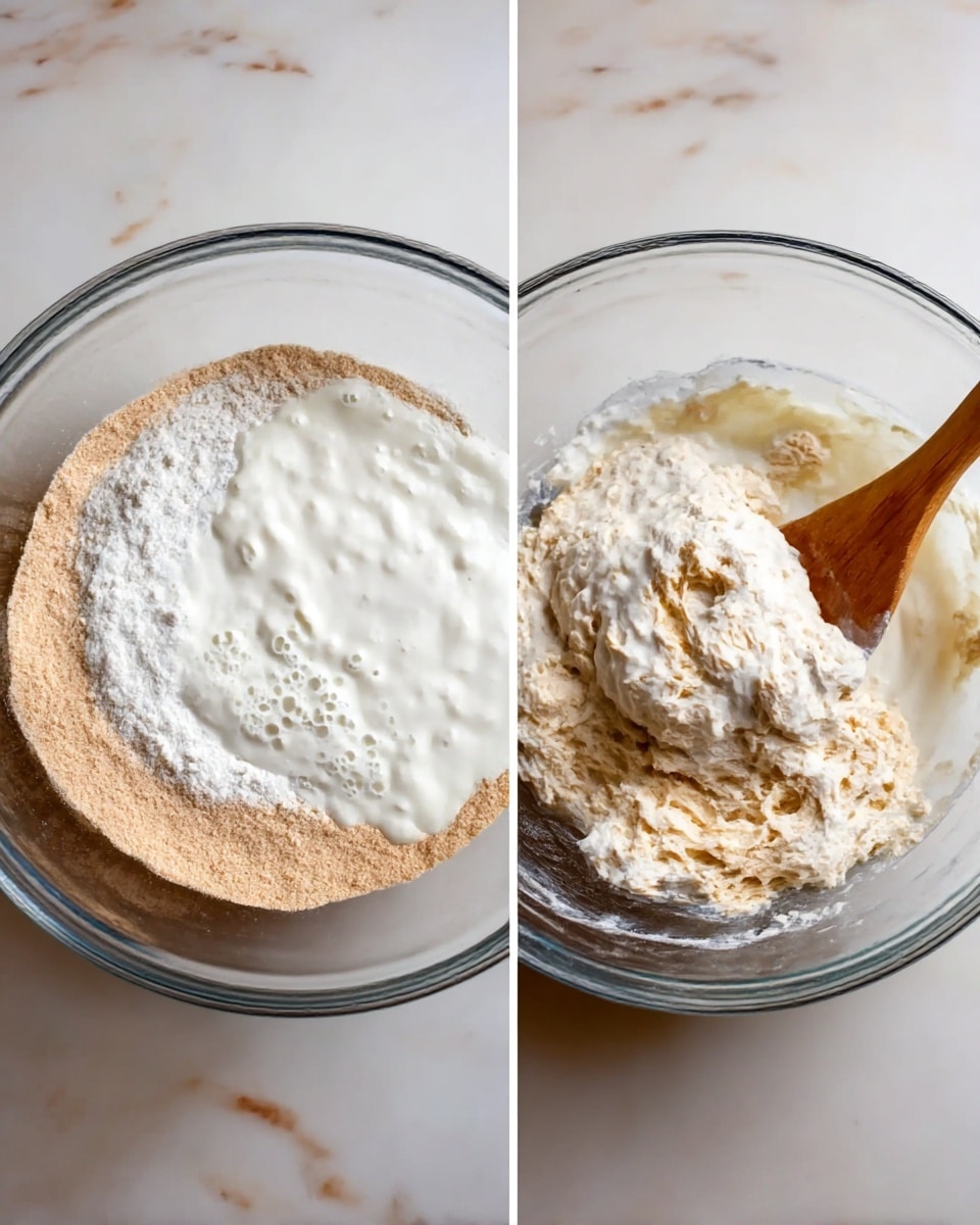There are two side-by-side images showing a glass bowl with a mixture of dry and wet ingredients on a white marbled surface. The left image shows a bowl filled with light brown flour at the bottom, topped with a thick, creamy white mixture that has bubbles and smooth texture. The right image shows the same bowl where the ingredients are being mixed by a wooden spoon, creating a rough, sticky dough with uneven texture and colors of light brown and white combined. The glass bowl is clear, showing the mix inside. Photo taken with an iphone --ar 4:5 --v 7