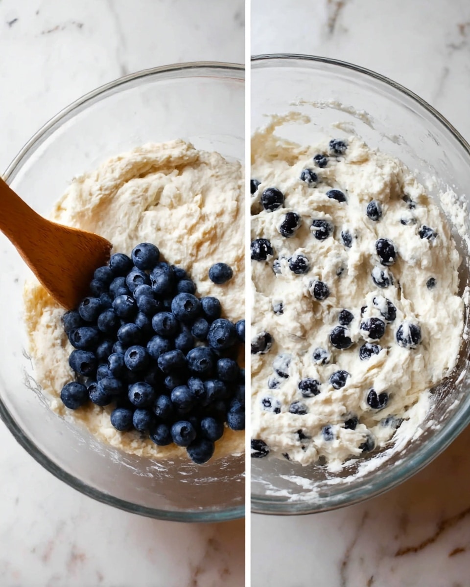 In the image, there is a clear glass bowl placed on a white marbled surface. Inside the bowl, there is a thick, creamy white dough mixture. On the left side of the split image, a wooden spoon is resting inside the bowl, and a pile of fresh, dark blue blueberries is sitting on top of the dough. In the right side image, the blueberries are mixed into the dough, evenly spread throughout, creating a lightly bumpy texture with scattered blue spots against the creamy white base. Photo taken with an iphone --ar 4:5 --v 7