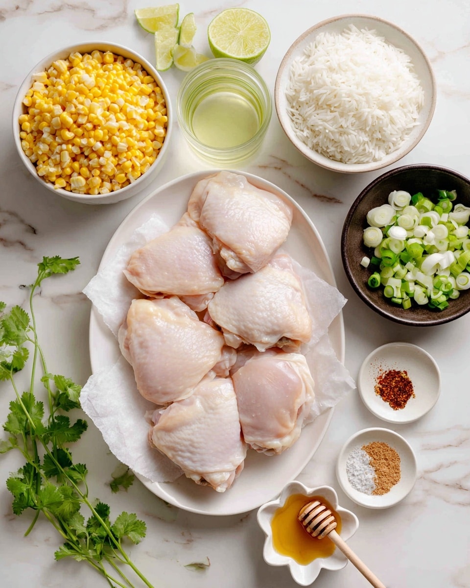 A white oval plate in the center holds six raw chicken thighs with a smooth pale pink texture, resting on white paper. To the left, a white bowl full of bright yellow corn kernels and another white bowl filled with fluffy white rice sit nearby. On the right side, a dark bowl contains sliced green onions showing various green and white rings. Above the chicken are lime wedges, a small clear container of light green lime juice, and a small white bowl with creamy white mayo or yogurt. Near the bottom right, a small white flower-shaped dish holds golden honey with a wooden honey dipper resting inside. Small bowls with coarse salt, minced garlic, and reddish-brown chili powder sit around the plates, all arranged on a white marbled surface with sprigs of fresh green cilantro. Photo taken with an iphone --ar 4:5 --v 7