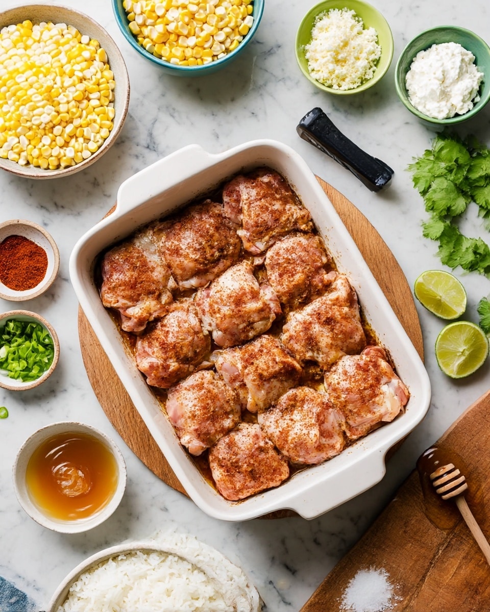 A white rectangular baking dish filled with ten pieces of seasoned raw chicken, showing a mix of pink meat and reddish-brown spice coating, arranged in two rows. Around the dish, on a white marbled surface, there are several small bowls and items: at the top left, a bowl of yellow and white corn kernels; next to it, a small green bowl with white crumbled cheese; a white bowl with thick white sour cream at the top right; fresh cilantro and two lime halves on the right near a black lime squeezer; a small white bowl with a red spice powder at the left; a bowl of chopped green onions at the lower left; a large bowl of white rice at the bottom center; a small white bowl with honey and a wooden honey dipper just above the rice; a small wooden bowl with white coarse salt at the bottom right; the dish sits on a round wooden board and a wooden cutting board is partially visible on the right. photo taken with an iphone --ar 4:5 --v 7