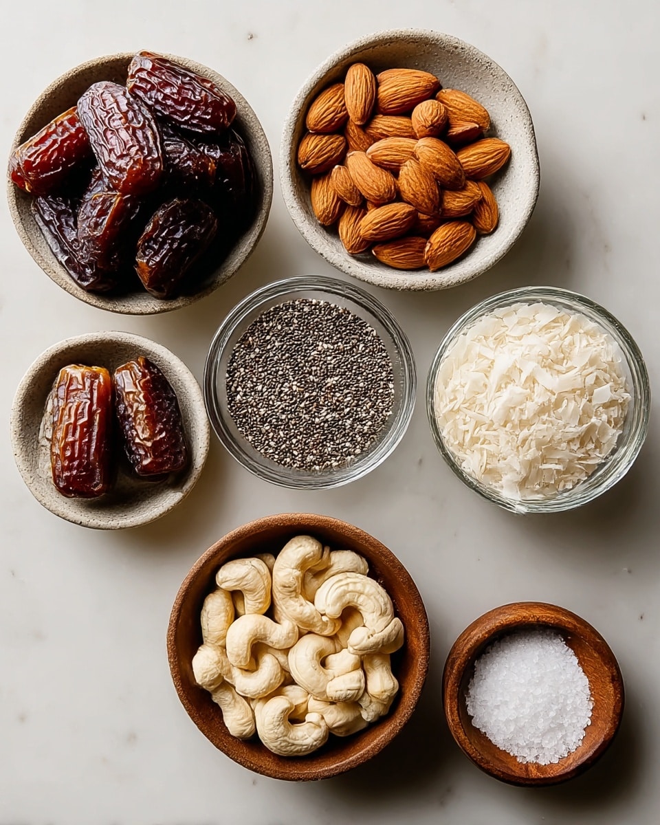 A collection of seven small bowls sits on a white marbled surface, each filled with different ingredients. The top left bowl contains large, dark brown dates with a shiny, wrinkled texture. Next to it is a bowl of whole almonds, showing a smooth, light brown surface. To the right, a bowl holds small, round chia seeds in black and white. Below the dates is a bowl filled with long, white grains of rice, and next to it is a bowl of pale cashew nuts with a smooth, curved shape. To the right of the cashews is a glass bowl filled with thin, white coconut flakes. Finally, on the bottom right, a small wooden bowl holds coarse white salt crystals. photo taken with an iphone --ar 4:5 --v 7