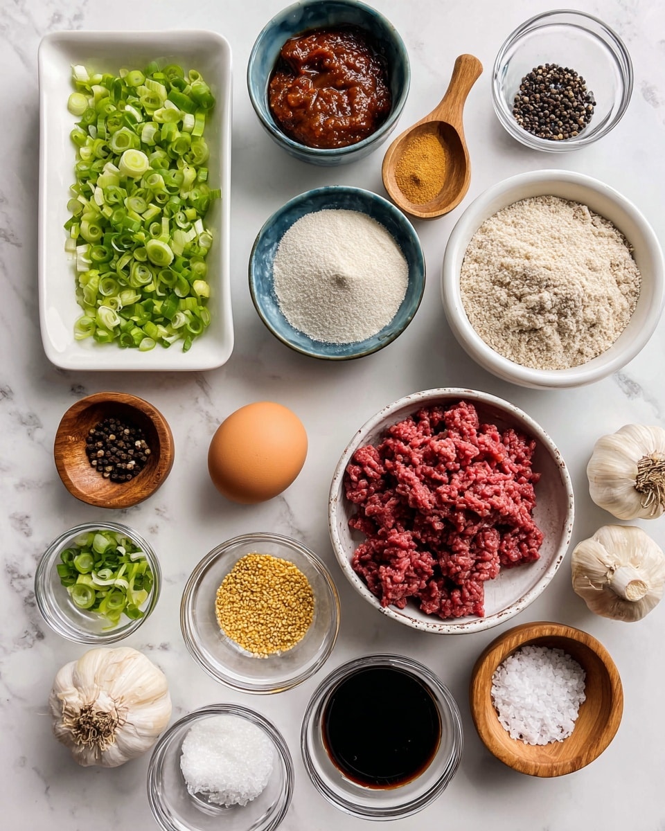 The image shows a white marbled surface with small white bowls and a white rectangular dish containing various cooking ingredients. On the left, there is a rectangular dish with bright green sliced green onions. Blue bowls hold minced fresh ginger, gochujang Korean chili paste, and sesame seeds. White bowls contain a single brown egg and cornstarch. A larger round white bowl has finely chopped red onions, and next to it are glass bowls with brown sugar and ground beef that is pinkish-red and shredded. Two wooden bowls hold kosher salt with a small wooden scoop and black peppercorns with a small wooden scoop. A small glass cup contains dark low-sodium soy sauce, and a head of garlic is placed nearby on the surface. The arrangement is neat and clean, with each ingredient labeled clearly. photo taken with an iphone --ar 4:5 --v 7