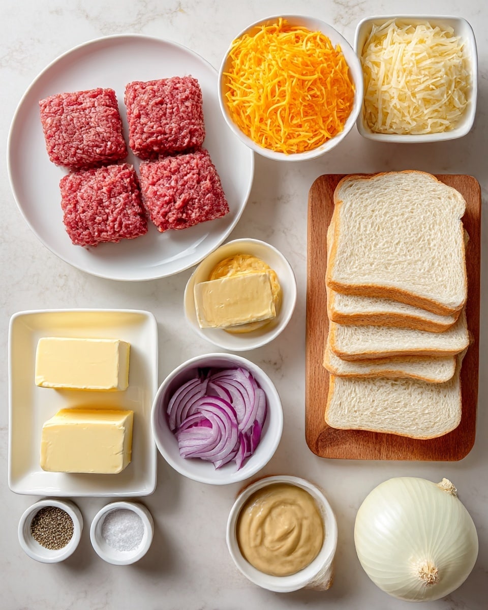 The image shows a top-down view of several white dishes and bowls arranged neatly on a white marbled surface. The dishes contain four square portions of raw red ground meat in the center on a white plate, shredded orange cheese in a white bowl at the top left, and shredded pale yellow cheese in a white square bowl at the top right. Below them are slices of pale yellow butter stacked on a white rounded square plate in the middle, thinly sliced purple onions in a small white bowl to the right, and a serving of light brown mustard in a small round white dish beside it. There are four slices of white bread stacked on a wooden board at the bottom right, a whole white onion on a round white dish at the bottom left, and two small white dishes holding salt and black pepper placed side by side near the onion. The overall layout is clean and minimal with all ingredients clearly visible. photo taken with an iphone --ar 4:5 --v 7