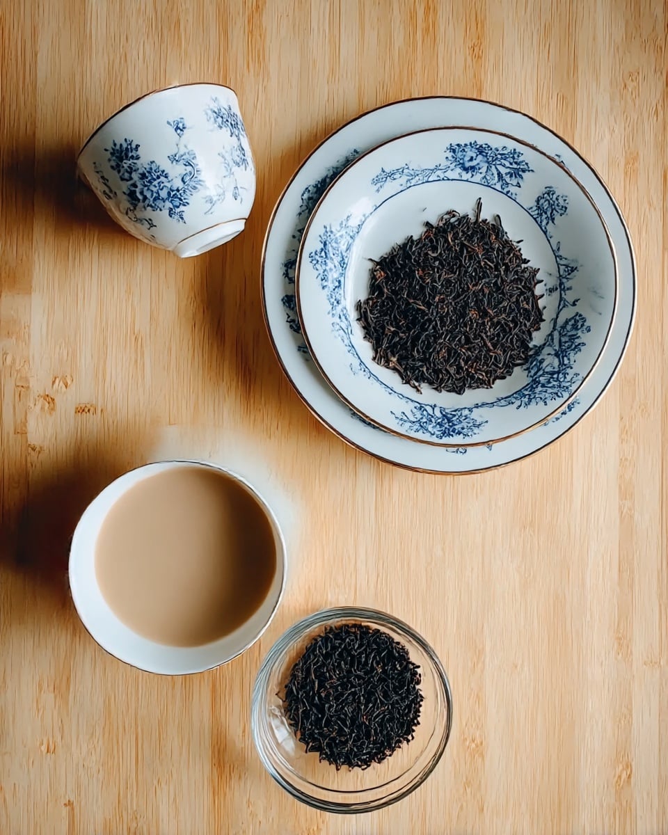 The image shows a top view of a wooden surface featuring a small clear glass bowl filled with dark black tea leaves that have a dry, rough texture, placed near two stacked white plates decorated with blue floral patterns around the edges, one smaller on top of a larger one. To the left of the plates, there is a white cup with the same floral design, empty, and a white bowl filled with creamy beige liquid, likely milk tea, filling the bowl close to the rim. The wooden surface has light brown shades with natural grain texture. photo taken with an iphone --ar 4:5 --v 7