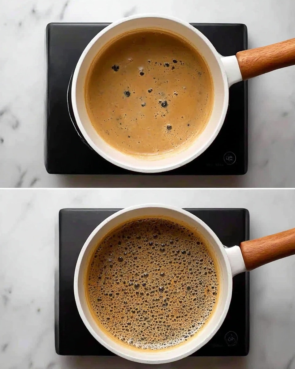 Two images of a white saucepan with a wooden handle placed on a black electric stove top, set against a white marbled surface. The top image shows the saucepan filled with a light brown liquid with small dark chunks floating on the surface, with a smooth texture and some bubbles near the edges. The bottom image shows the same saucepan with the liquid now darker brown, more uniform in color, with a frothy layer full of small bubbles covering the surface. Photo taken with an iphone --ar 4:5 --v 7