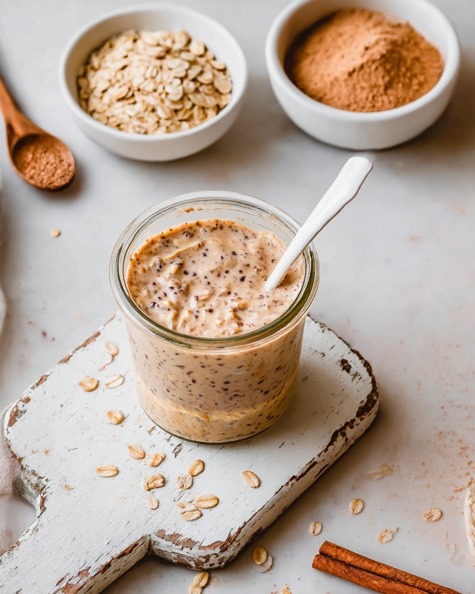 A clear glass jar filled with three visible layers of soaked oats, creamy liquid, and tiny dark specks, mixed evenly to show a textured, soft brown and beige surface. The jar sits on a white rustic wooden board with chipped paint, surrounded by a few scattered oat flakes. A white spoon is placed inside the jar, with its handle resting on the board. Nearby are white bowls, one filled with light brown powder and a small wooden spoon resting inside, and another with raw oats. Two cinnamon sticks lie on the white marbled surface in the background. The overall colors are soft shades of brown, beige, and white, with a cozy, natural vibe. photo taken with an iphone --ar 4:5 --v 7
